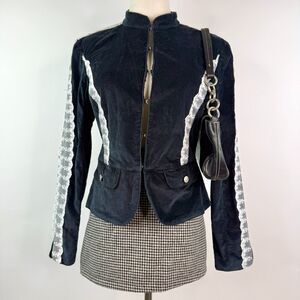 Vintage Live a Little Black Velvet Button Up Blazer w/ Lace Detail Coquette Sz S